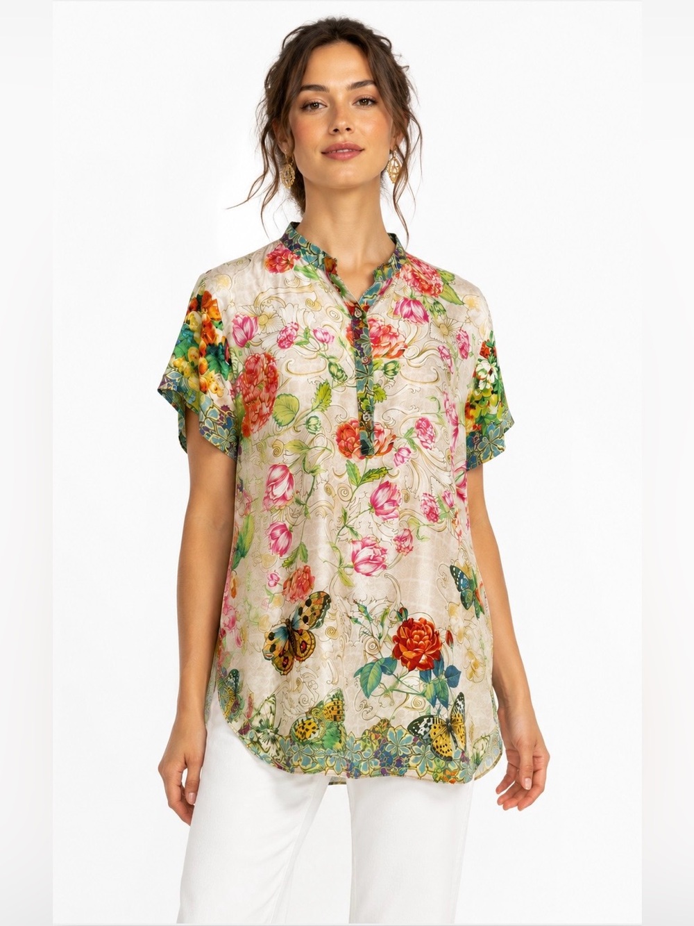 Johnny Was Silk Tunic Top Multi Color Floral Boho Size M READ